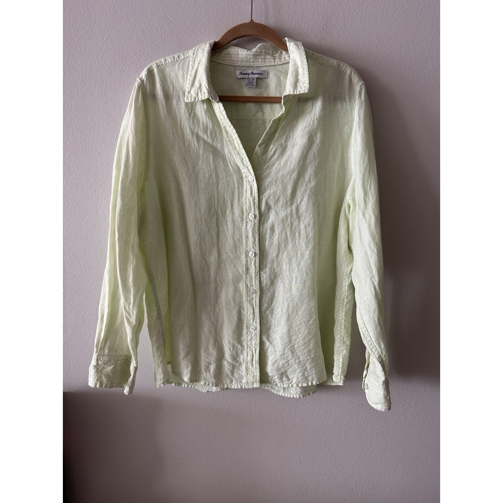 TOMMY BAHAMA Coastalina Linen Long Sleeve Shirt Top Solid Light Green Coastal XL